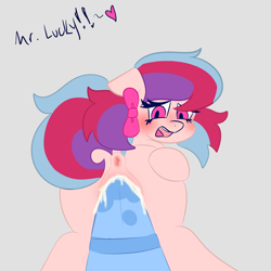Size: 2500x2500 | Tagged: explicit, artist:madkingkara, oc, oc:lucky elfin, oc:nilla sweets, age difference, anatomically correct, anus, blushing, bow, butt, butt touch, creampie, cum, dialogue, duo, duo male and female, erection, female, filly, floating heart, floppy ears, foal, foalcon, genitals, gray background, hair bow, heart, hoof on butt, horsecock, imported from derpibooru, looking back, male, male pov, medial ring, mottled genitals, nudity, oc x oc, offscreen character, offscreen male, open mouth, pegasus, penetration, penis, plot, ponut, pony, pov, rear view, sex, shipping, simple background, stallion, straight, tail, text, vaginal, vaginal creampie, vulva