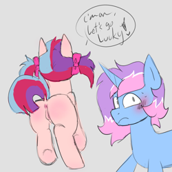 Size: 2500x2500 | Tagged: explicit, artist:madkingkara, oc, oc:lucky elfin, oc:nilla sweets, anatomically correct, anus, blushing, bow, butt, dialogue, duo, duo male and female, female, filly, foal, foalcon, frown, gray background, hair bow, horn, imminent sex, imported from derpibooru, male, nervous, nudity, oblivious, oc only, pegasus, pinpoint eyes, plot, ponut, pony, raised leg, raised tail, reacting to nudity, rear view, simple background, speech bubble, stallion, sweat, tail, text, underhoof, unicorn, vulva