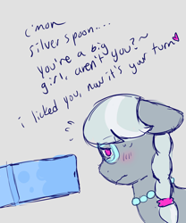 Size: 2500x3000 | Tagged: explicit, artist:madkingkara, silver spoon, oc, oc:lucky elfin, blushing, dialogue, dubious consent, duo, duo male and female, earth pony, emanata, erection, female, filly, floppy ears, foal, foalcon, g4, genitals, gray background, horsecock, imminent blowjob, imminent oral, imminent sex, imported from derpibooru, jewelry, looking away, male, medial ring, necklace, nervous, nervous sweat, nudity, offscreen character, oral request, penis, plewds, pony, sex request, simple background, stallion