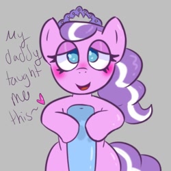 Size: 1280x1280 | Tagged: explicit, artist:madkingkara, diamond tiara, oc, oc:lucky elfin, age difference, bedroom eyes, blushing, canon x oc, dialogue, duo, duo male and female, earth pony, erection, female, female focus, filly, foal, foalcon, g4, genitals, gray background, hoofjob, implied filthy diamond, implied filthy rich, implied incest, implied pedophilia, implied shipping, imported from derpibooru, jewelry, looking at you, male, male pov, mottled genitals, nudity, offscreen character, offscreen male, open mouth, open smile, penis, pony, pov, shipping, simple background, smiling, solo focus, stallion, straight, talking to viewer, tiara