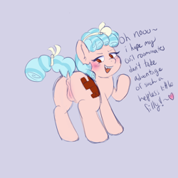 Size: 2000x2000 | Tagged: explicit, artist:madkingkara, anatomically correct, anus, blushing, butt, cozy glow, dialogue, fangs, female, filly, foal, foalcon, g4, heart, imported from derpibooru, looking back, nudity, open mouth, open smile, pegasus, plot, ponut, pony, raised hoof, raised tail, simple background, smiling, solo, solo female, standing on three hooves, tail, vulva