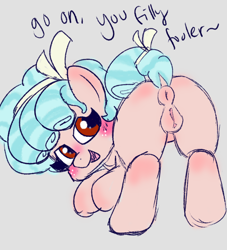 Size: 2000x2200 | Tagged: explicit, artist:madkingkara, anatomically correct, anus, ass up, blushing, butt, cozy glow, cozy glutes, dialogue, dock, face down ass up, female, filly, foal, foalcon, g4, imported from derpibooru, inviting you, looking at you, looking back, looking back at you, nudity, open mouth, open smile, pegasus, plot, ponut, pony, presenting, raised tail, simple background, smiling, tail, talking to viewer, vulva