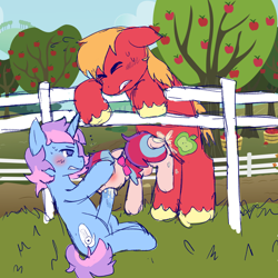 Size: 2880x2880 | Tagged: explicit, artist:madkingkara, oc, oc:lucky elfin, oc:nilla sweets, abdominal bulge, age difference, anal, anal creampie, apple, apple basket, apple orchard, apple tree, basket, big macintosh, bipedal, bipedal leaning, blowjob, blushing, bow, canon x oc, creampie, cum, cum in mouth, earth pony, erection, eyes closed, female, fence, filly, floppy ears, foal, foalcon, food, from behind, g4, genitals, grass, gritted teeth, group sex, hair bow, horn, imported from derpibooru, leaning, male, mmf threesome, nudity, oral, oral creampie, orchard, outdoor sex, outdoors, penetration, penis, pony, sex, shipping, sitting, spitroast, stallion, stallion on filly, straight, sweat, sweet apple acres, tail, teeth, threesome, tree, trio, unicorn, unshorn fetlocks