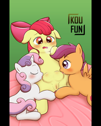 Size: 4000x5000 | Tagged: explicit, artist:koufun, apple bloom, scootaloo, sweetie belle, blushing, breast milk, crotchboobs, cutie mark crusaders, earth pony, female, filly, foal, foalcon, g4, genitals, horn, imported from derpibooru, lactation, lesbian, nipples, nudity, pegasus, polyamory, pony, ship:scootabloom, ship:sweetiebloom, ship:sweetiebloomaloo, shipping, suckling, unicorn, vulva