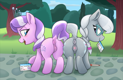 Size: 3453x2252 | Tagged: explicit, artist:kurozu, diamond tiara, silver spoon, anatomically correct, anus, both cutie marks, bump bump sugar lump rump, butt to butt, butt touch, clitoris, dark genitals, dock, duo, duo female, earth pony, fake id, female, females only, filly, foal, foalcon, g4, genitals, glasses, id card, imminent sex, imported from derpibooru, looking at you, looking back, marker, multicolored hair, nudity, outdoors, ponut, pony, presenting, raised tail, seems legit, tail, vaginal secretions, vulva, vulvar winking