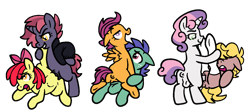Size: 1411x633 | Tagged: explicit, artist:vodkamewtwoni, apple bloom, scootaloo, sweetie belle, oc, oc:evergreen, oc:peach pit, abdominal bulge, anus, balls, canon x oc, colt, colt on filly, cowgirl position, cutie mark crusaders, earth pony, earth pony oc, female, filly, filly oc, filly on filly, foal, foalcon, fucked sideways, futa, futa filly, futa filly on filly, futa oc, futa on female, futa on filly, futa sweetie belle, g4, genitals, horn, imported from derpibooru, intersex, lesbian, male, nudity, pegasus, pegasus oc, penetration, penis, ponut, pony, pony on pony action, sex, sheath, shipping, sideways, simple background, straight, transparent background, unicorn, unicorn oc, unnamed oc, vaginal, vulva