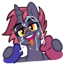 Size: 340x339 | Tagged: explicit, artist:vodkamewtwoni, oc, cum, cumming, disembodied penis, erection, facial, female, filly, foal, foalcon, genitals, holding penis, horn, imported from derpibooru, looking at you, nudity, oc only, offscreen character, open mouth, penis, pony, simple background, tongue out, transparent background, unicorn, unicorn oc, unnamed oc
