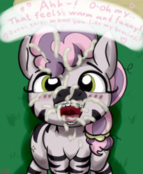 Size: 3600x4400 | Tagged: explicit, artist:littlenaughtypony, alternate version, braces, cum, cum in mouth, cum on hair, cum on mane, cum version, facial, female, filly, foal, foalcon, g5, imported from derpibooru, looking at you, open mouth, open smile, skye, smiling, zebra, zebrified pony