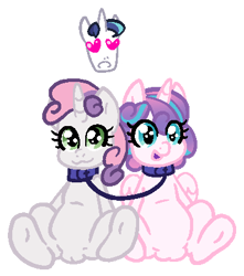 Size: 375x425 | Tagged: explicit, artist:vodkamewtwoni, princess flurry heart, shining armor, sweetie belle, alicorn, bound together, collar, father and child, father and daughter, female, filly, foal, foalcon, g4, genitals, heart, heart eyes, horn, imported from derpibooru, incest, infidelity, linked collars, male, nudity, pony, presenting, ship:flurryarmor, ship:shiningbelle, shipping, simple background, spread legs, spreading, straight, transparent background, trio, unicorn, vulva, wingding eyes