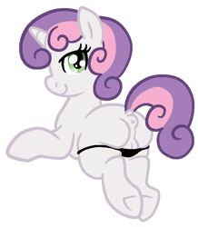 Size: 680x781 | Tagged: explicit, artist:vodkamewtwoni, sweetie belle, anus, balls, black panties, black underwear, butt, chubby, clothes, female, filly, foal, foalcon, futa, futa filly, futa sweetie belle, g4, genitals, herm, horn, imported from derpibooru, intersex, looking at you, looking back, looking back at you, looking over shoulder, nudity, panties, panties pulled down, plot, ponut, pony, simple background, solo, transparent background, underwear, unicorn, vulva