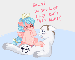 Size: 476x381 | Tagged: explicit, artist:ectopooper, oc, oc:barrel nut, abdominal bulge, age difference, anal, blue mane, blushing, commission, cowgirl position, cozy glow, cozy glow is best facemaker, dominant, earth pony, feathered wings, female, femdom, filly, foal, foalcon, foaldom, g4, genitals, gray hooves, imported from derpibooru, larger male, male, nudity, older male, pegasus, pegasus wings, penetration, penis, pony, sex, shaved head, ship:cozynut, simple background, smaller female, smiling, smirk, smug, spread wings, stallion, stallion on filly, straight, teasing, text, unshorn fetlocks, vulva, wings, younger female