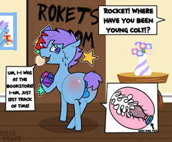Size: 1448x1199 | Tagged: explicit, artist:alleymutt, artist:follyfilly, oc, oc:rapid rocket, anal creampie, anal insertion, anus, balls, bedroom, butt blush, buttplug, colt, comic book, creampie, cum, cum plugged, door, earth pony, flower, foal, foalcon, genitals, implied anal, implied gay, implied sex, imported from derpibooru, insertion, internal, large butt, lying, male, nervous, nervous smile, nudity, oc only, offscreen character, picture frame, pony, present, sex toy, short mane, short tail, smiling, speech bubble, sticker, sweat, tail, text, vase, wide hips