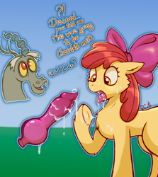 Size: 1207x1355 | Tagged: explicit, artist:foxette, apple bloom, apple bloom's bow, bow, canine penis, cum, cum in mouth, cum on body, cum on hooves, discord, disembodied penis, earth pony, erection, facial, female, female focus, filly, foal, foalcon, focus, g4, genitals, hair bow, hooves, imported from derpibooru, knot, knotted penis, nudity, oral, penis, pony, sex, solo focus, tongue out, underhoof, younger