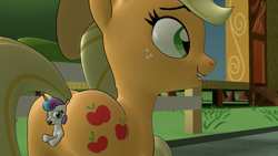 Size: 1280x720 | Tagged: questionable, artist:brodashthehorsefucker, applejack, princess flurry heart, alicorn, anal vore, earth pony, female, fetish, filly, filly prey, flurryprey, foal, foalcon, g4, imported from derpibooru, mare, mare pred, micro, outdoors, pony, predajack, size difference, vore, willing prey, willing vore