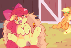 Size: 640x430 | Tagged: explicit, artist:ectopooper, apple bloom, applejack, applecest, big macintosh, blushing, brother and sister, cuckolding, cuckquean, cum, cumming, earth pony, female, foalcon, g4, genitals, imported from derpibooru, incest, male, nudity, offscreen character, orgasm, penetration, penis, pony, pov, sex, ship:macbloom, shipping, siblings, simultaneous orgasm, straight, vaginal, vaginal orgasm, vulva