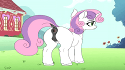 Size: 1920x1080 | Tagged: explicit, artist:blossom rain, sweetie belle, anatomically correct, animated, anus, blushing, butt, dark genitals, derpibooru exclusive, dock, female, foal, foalcon, g4, genitals, horn, imported from derpibooru, looking at you, looking back, looking back at you, magic, magical spreading, nudity, outdoors, plot, ponut, pony, ponyville schoolhouse, solo, solo female, sound, spread pussy, spreading, sweetie butt, tail, unicorn, vulva, webm