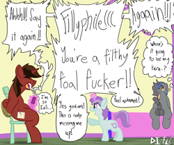 Size: 1400x1170 | Tagged: explicit, artist:di-fl, oc, oc:penpad, age difference, bondage, bored, buffalo, chair, dirty talk, female, filly, foal, foalcon, foaldom, g4, horn, humiliation, hybrid, imported from derpibooru, magic, magical stimulation, masturbation, pony, tootsie flute, trans female, transgender, trio, unicorn