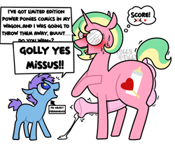 Size: 1448x1199 | Tagged: explicit, semi-grimdark, artist:alleymutt, artist:follyfilly, oc, oc:island candy, oc:rapid rocket, age difference, anus, balls, blushing, colt, cum, cum string, cumming, dock, drool, drool on face, drool string, duo, duo male and female, earth pony, excitement, female, foal, foalcon, futa, futa mare, futa mare on colt, futa oc, g4, genitals, glasses, horn, implied foalcon, implied kidnapping, imported from derpibooru, intersex, male, marecock, nudity, oblivious, oc only, open mouth, ponut, pony, simple background, speech bubble, sweat, sweating profusely, tail, tail twitch, text, thighs, thought bubble, thunder thighs, tongue out, unicorn, white background