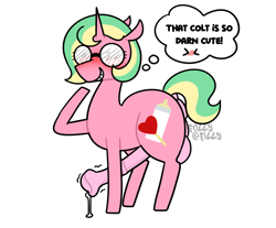 Size: 1448x1199 | Tagged: explicit, semi-grimdark, artist:alleymutt, artist:follyfilly, oc, oc:island candy, anus, balls, blushing, cum, dock, female, foalcon, futa, futa oc, g4, genitals, glasses, grin, horn, horsecock, implied foalcon, imported from derpibooru, intersex, leaking cum, mare, marecock, nudity, oc only, penis, ponut, pony, precum, raised hoof, simple background, smiling, solo, solo female, stalker, stalking, tail, text, thought bubble, unicorn, white background