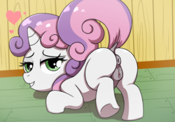 Size: 3000x2100 | Tagged: explicit, artist:drc1369, sweetie belle, anus, ass up, butt, face down ass up, female, filly, foal, foalcon, g4, genitals, grin, heart, high res, horn, imported from derpibooru, indoors, looking at you, looking back, looking back at you, nudity, plot, ponut, pony, presenting, raised tail, smiling, solo, solo female, tail, underhoof, unicorn, vulva