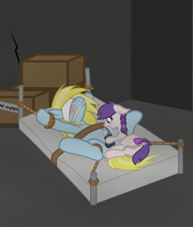 Size: 2797x3306 | Tagged: explicit, oc, oc:cloud cuddler, oc:snowie aura, accessory, anus, artist needed, basement, bdsm, bed, blindfold, blowjob, blushing, bondage, bound legs, bowtie, boxes, braid, consensual, cum, cum in mouth, dock, female, female on futa, filly, filly on futa, foal, foalcon, foaldom, futa, futa oc, genitals, horsecock, imported from derpibooru, intersex, lying down, nudity, oc only, on back, on bed, oral, penis, ponut, rope, rope bondage, sex, suspended, tail, vulva