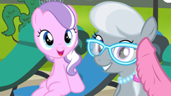 Size: 1920x1080 | Tagged: explicit, diamond tiara, silver spoon, barbed penis, beach chair, braid, chair, dragon dick, earth pony, edit, edited screencap, female, filly, foal, foalcon, g4, genitals, glasses, implied spike, imported from derpibooru, jewelry, male, my little pony: friendship is magic, necklace, nudity, offscreen character, offscreen male, outdoors, penis, pony, reacting to nudity, screencap, season 4, smiling, twilight time
