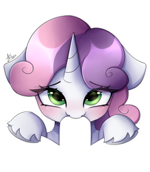 Size: 3500x4000 | Tagged: explicit, artist:ariburin, sweetie belle, blowjob, blushing, floppy ears, foal, foalcon, g4, horn, imported from derpibooru, negative space, oral, pony, sex, simple background, unicorn, white background