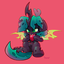 Size: 3000x3000 | Tagged: explicit, semi-grimdark, artist:impamy, oc, oc:billy (impamy), anatomically correct, anus, biting, blood, casual nudity, changeling, crotchboobs, eating, fangs, female, female changeling, filly, foal, foalcon, food, genitals, heart, imported from derpibooru, meat, nipples, not chrysalis, nudity, nymph, oc only, ponies eating meat, ponut, red background, simple background, sitting, solo, solo female, vulva
