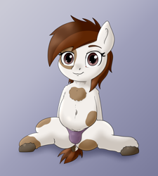 Size: 2250x2500 | Tagged: questionable, artist:inprogress, belly, belly button, big belly, clothes, colt, crotch bulge, earth pony, eyelashes, femboy, foal, foalcon, g4, gradient background, imported from derpibooru, looking at you, male, mooseknuckle, panties, pipsqueak, pony, sitting, solo, thong, underwear