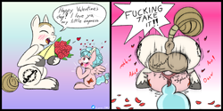 Size: 6144x3072 | Tagged: explicit, artist:juniverse, oc, oc:barrel nut, 2 panel comic, age difference, announcing ejaculation, anus, balls, blushing, bouquet, colored, comic, commission, cozy glow, creampie, cum, dock, duo, duo male and female, earth pony, eyes closed, female, filly, flower, foal, foalcon, g4, genitals, gradient background, heart, heart eyes, holiday, imported from derpibooru, instant loss, instant loss 2koma, love, male, mating press, mini comic, missionary position, nudity, pegasus, penetration, pony, pony on pony action, ribbon, romantic, rose, sex, ship:cozynut, stallion, stallion on filly, straight, tail, unshorn fetlocks, vaginal, valentine's day, wingding eyes