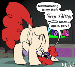Size: 1920x1713 | Tagged: explicit, artist:di-fl, bed, earth pony, female, filly, foal, foalcon, g4, genitals, humiliation, imported from derpibooru, looking at you, nudity, on bed, pony, presenting, solo, solo female, twist, vaginal secretions, vulva