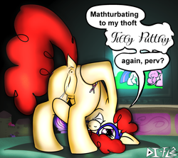 Size: 1920x1713 | Tagged: explicit, artist:di-fl, bed, earth pony, female, filly, film grain, foal, foalcon, g4, genitals, humiliation, imported from derpibooru, looking at you, nudity, on bed, pony, presenting, solo, solo female, twist, vaginal secretions, vulva