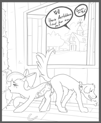 Size: 1689x2046 | Tagged: explicit, artist:starvingunicorn, apple bloom, balls, barn, bestiality, canine penis, creampie, cum, cumming, dialogue, dog, dog on pony action, earth pony, farm, female, filly, foal, foalcon, g4, genitals, grayscale, hay bale, horseshoes, implied applejack, implied big macintosh, imported from derpibooru, indoors, interspecies, knot, knotted penis, knotting, male, monochrome, not winona, nudity, offscreen character, penetration, penis, pet, pony, sex, solo, speech bubble, straight, text, vaginal, vaginal creampie, x-ray