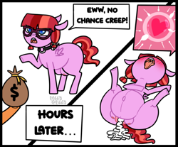 Size: 1448x1199 | Tagged: explicit, grimdark, artist:alleymutt, artist:follyfilly, oc, oc:cherry whisky, 2 panel comic, abuse, an egg being attacked by sperm, bag, belly, big belly, blushing, braces, choker, comic, creampie, crotchboobs, cum, cum belly, cum inflation, dialogue, drool, drool string, egg cell, female, filly, foal, foal abuse, foalcon, glasses, implied rape, imported from derpibooru, impregnation, inflation, instant loss, instant loss 2koma, leaking cum, money bag, nipples, nudity, oc only, offering, offscreen character, pegasus, pigtails, pony, rape, sex, small wings, speech bubble, spermatozoon, teats, text, thick cum, tongue out, wide hips, wings