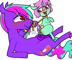 Size: 1448x1199 | Tagged: explicit, artist:alleymutt, artist:follyfilly, oc, oc:acid rave, oc:puppychow, age difference, anus, balls, blushing, bow, butt freckles, duo, duo male and female, earth pony, father and child, father and daughter, female, filly, foal, foalcon, freckles, genitals, horn, horsecock, imported from derpibooru, incest, leash, male, nudity, oc only, penetration, penis, pony, reverse cowgirl, riding, sex, size difference, spiked wristband, stallion, stallion on filly, straight, tail, tail bow, tongue out, unicorn, vaginal, vulva, wristband