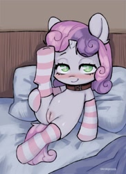 Size: 2182x3000 | Tagged: explicit, artist:sausagezzzz, sweetie belle, :3, bed, blanket, blushing, clothes, collar, female, filly, foal, foalcon, g4, genitals, horn, human vulva, human vulva on pony, imported from derpibooru, indoors, looking at you, nudity, on bed, one leg raised, pillow, pony, presenting, presenting pussy, socks, solo, striped socks, underhoof, unicorn, vulva, white background