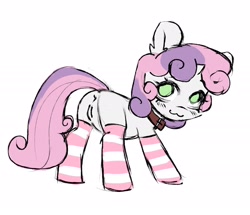 Size: 2478x2132 | Tagged: explicit, artist:sausagezzzz, sweetie belle, :3, anus, butt, clothes, collar, female, filly, foal, foalcon, g4, genitals, horn, imported from derpibooru, looking at you, looking over shoulder, nudity, plot, pony, presenting, presenting pussy, simple background, socks, solo, striped socks, unicorn, vulva, white background