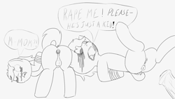 Size: 3840x2160 | Tagged: explicit, grimdark, abuse, anonymous artist, anonymous oc, anus, ass up, balls, begging, bound wrists, colt, crying, disembodied penis, face down ass up, female, foal, foal abuse, foalcon, genitals, horsecock, imminent rape, imminent sex, imported from derpibooru, makeup, male, mare, mother and child, mother and son, nudity, offscreen character, penis, rape, running makeup, sex, speech bubble, struggling, text, tied legs, vagina, vulva