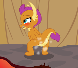 Size: 2558x2243 | Tagged: explicit, artist:badumsquish, series:smolder's scandalous sex life, aftersex, blushing, broodmare, broodmother, cloaca, derpibooru exclusive, dragon, dragon lands, dripping, exhausted, fangs, female, foalcon, folded wings, frown, g4, genitals, high res, horns, imported from derpibooru, lidded eyes, magma, magma cube, minecraft, musk, open mouth, outdoors, pregder, pregnant, raised tail, sharp teeth, show accurate, show accurate porn, smolder, smolder is not amused, solo, solo female, tail, teenaged dragon, teeth, unamused, volcano, weird lizzer hole, wings