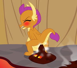 Size: 2558x2243 | Tagged: explicit, artist:badumsquish, series:smolder's scandalous sex life, aftersex, alternate version, belly, big belly, birth, blushing, broodmare, broodmother, cloaca, derpibooru exclusive, dragon, dragon lands, dripping, eyes closed, fangs, female, foalcon, folded wings, frown, g4, genitals, high res, horns, imported from derpibooru, lidded eyes, magma, magma cube, minecraft, musk, not scat, open mouth, outdoors, pregder, pregnant, raised tail, sharp teeth, show accurate, show accurate porn, smolder, smolder is not amused, solo, solo female, tail, teenaged dragon, teeth, unamused, volcano, weird lizzer hole, wings