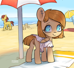 Size: 3000x2757 | Tagged: explicit, artist:sausagezzzz, oc, oc:frozen spirit, anus, beach, beach towel, beach umbrella, bottomless, clothes, commission, cute, dress, ear clip, ear piercing, earth pony, female, female focus, filly, foal, foalcon, genitals, horsecock, imported from derpibooru, looking at you, looking over shoulder, male, no panties, no pupils, nudity, oc only, outdoors, pegasus, penis, piercing, pony, sandcastle, solo focus, stallion, vulva, water