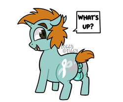 Size: 1448x1199 | Tagged: explicit, artist:alleymutt, artist:follyfilly, anus, balls, bucktooth, butt blush, colt, dialogue, foal, foalcon, g4, genitals, horn, imported from derpibooru, looking back, male, nudity, pony, short tail, simple background, snips, solo, solo male, speech bubble, spiky mane, stallion, tail, text, unicorn, white background
