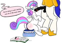 Size: 1800x1240 | Tagged: explicit, artist:bun_burst, princess flurry heart, age difference, alicorn, anus, bipedal, book, butt blush, clitoris, earth pony, female, filly, filly on stallion, foal, foalcon, g4, genitals, horsecock, imported from derpibooru, looking at book, male, nudity, offscreen character, penis, ponut, pony, princess cadance, reading, royal guard, simple background, speech bubble, stallion, stallion on filly, straight, text, vaginal secretions, vulva, vulvar winking, white background