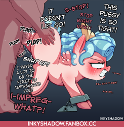 Size: 2772x2827 | Tagged: explicit, grimdark, artist:inkyshadow, 2 handfuls of dat ass, ass up, balls, blushing, butt grab, butt touch, chained, chains, cozy glow, dialogue, ear blush, face down ass up, female, filly, foal, foalcon, g4, genitals, gradient background, gritted teeth, grope, hand on butt, human, human on filly, human on pony action, human penis, implied impregnation, implied prostitution, imported from derpibooru, interspecies, nudity, offscreen character, onomatopoeia, pegasus, penetration, penis, plap, pony, rape, sex, teeth, text, vaginal, vaginal secretions, vulva