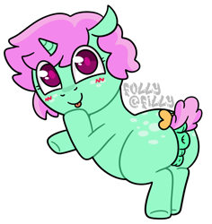 Size: 1177x1247 | Tagged: explicit, artist:alleymutt, artist:follyfilly, oc, oc:puppychow, anus, blushing, bow, butt freckles, female, filly, foal, foalcon, freckles, genitals, horn, imported from derpibooru, looking at you, nudity, oc only, ponut, pony, short tail, simple background, solo, solo female, tail, tail bow, tongue out, unicorn, vagina, vulva, white background, yellow bow