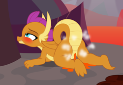 Size: 2965x2038 | Tagged: explicit, artist:badumsquish, series:smolder's scandalous sex life, aftersex, blushing, broodmare, broodmother, cloaca, derpibooru exclusive, dragon, dragon lands, dripping, eyes closed, fangs, female, foalcon, folded wings, frown, g4, genitals, gritted teeth, high res, horns, imported from derpibooru, lidded eyes, lip bite, lying down, magma, magma cube, minecraft, musk, outdoors, pregder, pregnant, prone, puddle, raised tail, sharp teeth, show accurate, show accurate porn, smolder, smolder is not amused, solo, solo female, sploot, tail, teenaged dragon, teeth, unamused, volcano, weird lizzer hole, wings