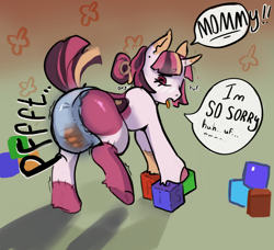 Size: 1151x1049 | Tagged: questionable, artist:pekaartist, oc, bat pony, bat pony oc, dialogue, diaper, diaper fetish, diaper usage, female, fetish, filly, foal, foalcon, imported from derpibooru, kids, kinky, mare, messing, messing diaper, messy diaper, mommy kink, non-baby in diaper, oc only, onomatopoeia, open mouth, pony, poofy diaper, poop, poopy diaper, speech bubble, text, used diaper, using diaper
