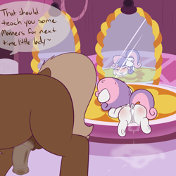 Size: 1250x1250 | Tagged: explicit, semi-grimdark, artist:ashersketch, sweetie belle, after anal, after anal orgasm, afterrape, aftersex, age difference, ahegao, anal creampie, anus, blank flank, butt, butt blush, carousel boutique, clitoris, creampie, crotchboobs, cum, cum pool, dialogue, dock, excessive cum, female, filly, foal, foalcon, frog (hoof), g4, genitals, glazed dick, horn, imported from derpibooru, indoors, lidded eyes, male, mirror, nudity, one eye closed, open mouth, penis, ponut, pony, pony on pony action, punishment, rape as punishment, reflection, spank mark, speech bubble, stallion, stallion on filly, straight, sweetie butt, tail, tongue out, underhoof, unicorn, vulva, vulvar winking