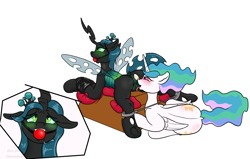 Size: 2900x1840 | Tagged: explicit, artist:bun_burst, princess celestia, queen chrysalis, alicorn, anal, anal insertion, anus, ballgag, bdsm, blushing, bondage, butt blush, buttplug, changeling, changeling queen, chrysub, commission, cunnilingus, cutie mark buttplug, dialogue, domlestia, drool, drool string, duo, duo female, earth pony, edging, female, femsub, filly, filly on filly, foal, foalcon, g4, gag, genitals, implied bisexual, imported from derpibooru, incest, indoors, insertion, invitation, inviting, inviting you, lesbian, limestone pie, looking at you, marble pie, nudity, offscreen character, open mouth, oral, orgasm denial, passepartout, penetration, ponut, pony, sex, sex toy, ship:chryslestia, shipping, siblings, simple background, sisters, spreader bar, subalis, submissive, text, tongue out, vaginal secretions, vulva, white background