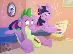 Size: 4000x3000 | Tagged: explicit, artist:dragondirectorzeta, spike, twilight sparkle, age difference, alicorn, bdsm, bed, chastity, chastity cage, dragon, duo, duo male and female, female, foalcon, g4, imported from derpibooru, indoors, male, male focus, older, pony, pseudoincest, ship:twispike, shipping, solo focus, straight, wingless spike